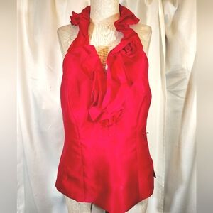 Silk TAG White House Black Market Red Halter Top Open Back,V-neck, Ruffles, 8